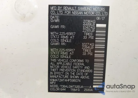 2017 Nissan Rogue Sv z USA, uszkodzony, nr VIN KNMAT2MT4HP598074